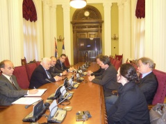 31 January 2012 Foreign Affairs Committee Chairman Prof. Dr Dragoljub Micunovic and Committee member Zeljko Ivanji talk to Bundestag MP and Spokesman for the Social Democratic Party Dr Rolf Mützenich